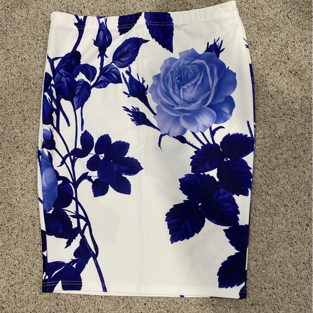 SHEIN White and Blue Floral Skirt